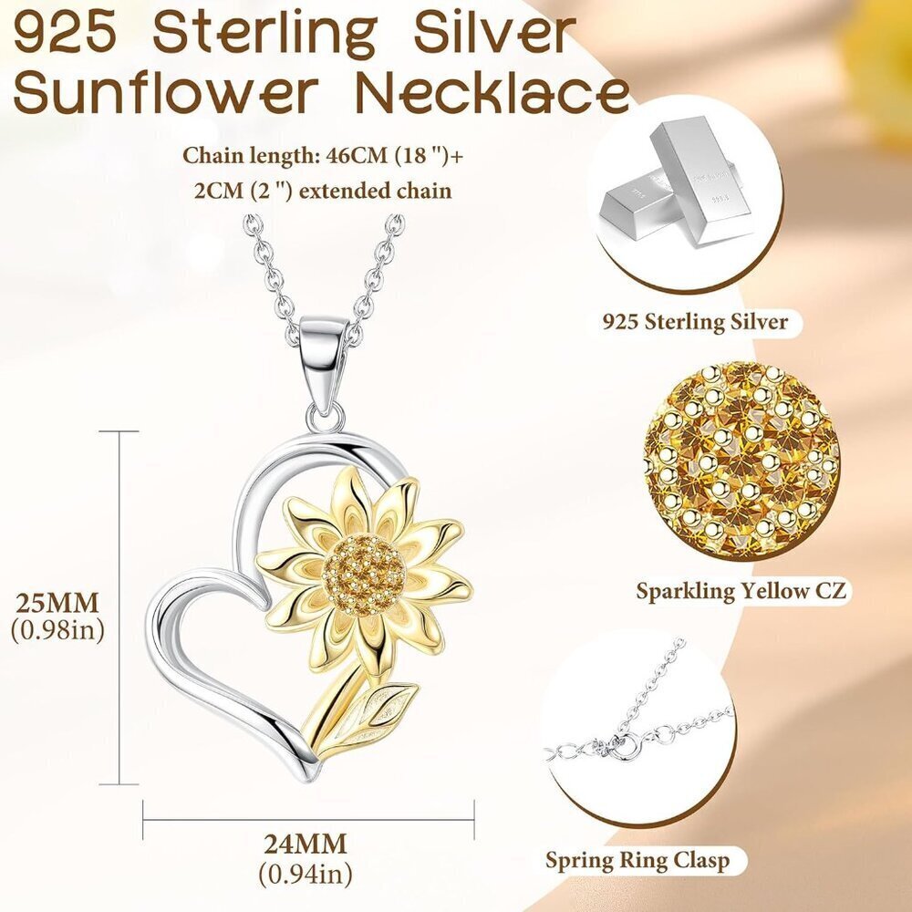 Sterling Silver Sunflower Necklace 14K Gold Plated Heart Pendant Gift for Women - Picture 4 of 6